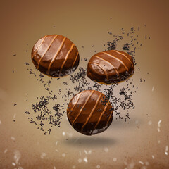 Flying doughnuts with chocolate glaze