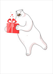 Cute illustration with a polar bear. Vector illustration of a polar bear holding a Christmas gift. Template for a postcard.