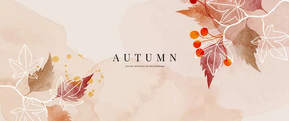Poster Herfst achtergrondontwerp met aquarel borstel textuur, bloem en botanische bladeren aquarel hand tekenen. Abstract kunstbehangontwerp voor kunst aan de muur, bruiloft en VIP-uitnodigingskaart. vectoreps10 © TWINS DESIGN STUDIO