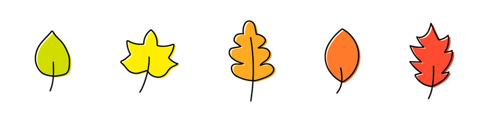 Set of autumn leaves of different trees isolated on white background. Leaves of different colors are hand-drawn. Vector illustration