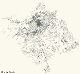Fototapeta na wymiar Black simple detailed street roads map on vintage beige background of Murcia, Spain
