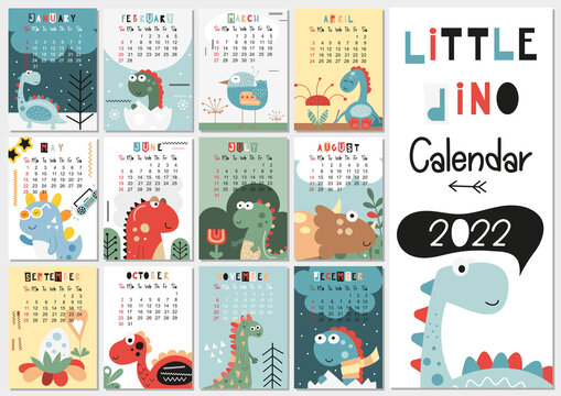 Calendar 2022. Yearly Planner Calendar With All Months. Templates With Little Dinosaur. Vector Illustration. Great For Kids, Nursery, Poster And Printable.