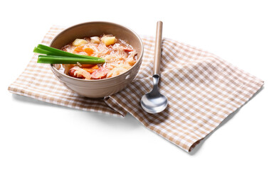 Bowl with tasty sauerkraut soup on white background