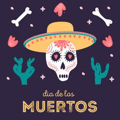 Decorative square card with sugar skull wearing sombrero. Mexican national holiday Day of the dead. Festive template for Dia de los muertos decorated by bones, flowers and cactus. Vector illustration.