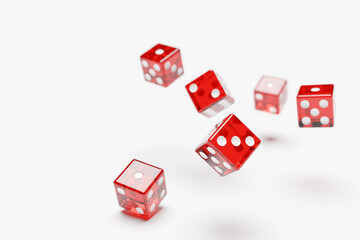 Red dice  fly on white background . Two dice casino game template concept. Casino background.