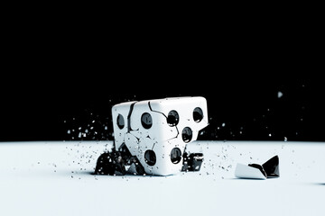 3D illustration of a small explosion of a game cube of fragments. The broken figure flies in...