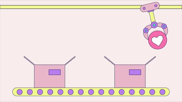 Automatic Production Line With Robotic Arms Packing Likes In Boxes 2D Animation. Conveyor, Approval, Social Media, Feedback, Bot. Blogging Concept. Appliances For Manufacturing Plants