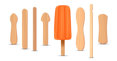 Set of realistic popsicle sticks. Orange ice cream 3D. Vector illustration, summer season.