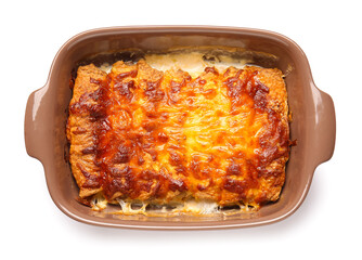 Delicious casserole with minced meat in baking dish on white background