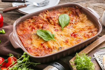 Baking dish with tasty vegetable lasagna on wooden background