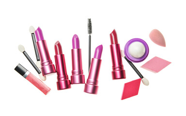 Set of makeup cosmetics and accessories on white background