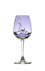wine glass with ice water splash isolated on white background