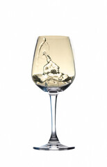 wine glass with ice water splash isolated on white background