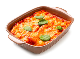 Baking dish with tasty tomato lasagna on white background