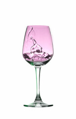 wine glass with ice water splash isolated on white background