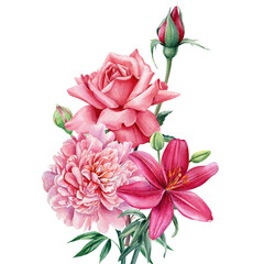 Bouquet of flowers on an isolated white background, watercolor illustration, roses, lilies and peonies