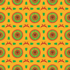 Abstract graphics seamless of circle of green eyeball and red two jumping  reindeer on yellow background.Vector design creative for fabric, wrapping, textile, wallpaper, apparel for Christmas festival