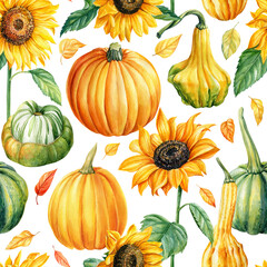 Seamless pattern of pumpkins and sunflowers, autumn background, watercolor drawings