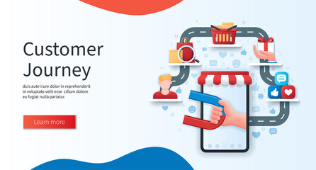 Customer journey banner. Mobile phone with hand holding magnet on screen. Buyer, product search, shopping basket, bonus, feedback icons. Business concept. Web vector landing page template in 3D style