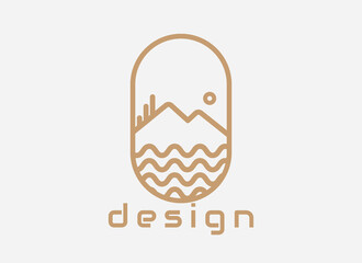 Logo design template, with icons of mountains, sun, conifers and ocean waves in circles