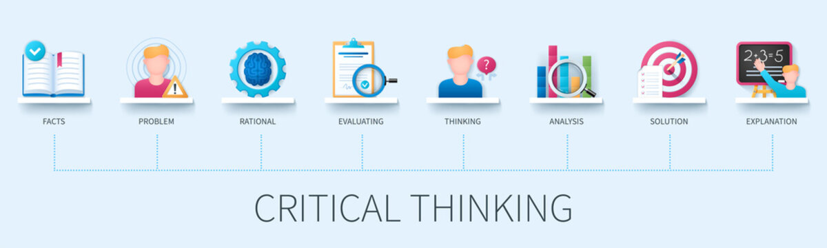 Critical Thinking Banner With Icons. Facts, Problem, Rational, Evaluating, Thinking, Analysis, Solution, Explanation Icons. Business Concept. Web Vector Infographic In 3D Style