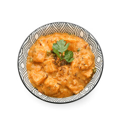 Bowl of tasty chicken curry on white background