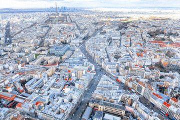 View of central Paris from above . 7th arrondissement of Paris . Aerial Panorama of France Capital City  - obrazy, fototapety, plakaty