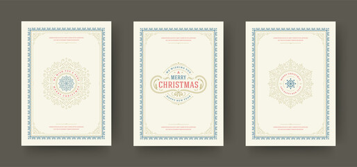 Christmas greeting cards set vintage typographic design, ornate decoration symbols vector illustration