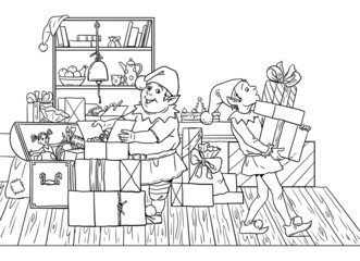 Funny elves wrap gifts. Happy New Year. Christmas template for coloring.