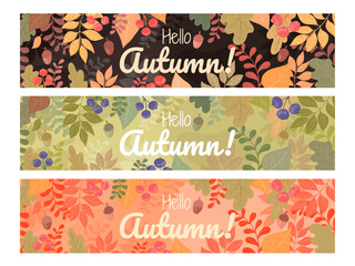 Naklejka na ściany i meble A set of vector autumn postcards with tree leaves, berries and branches. Thematic, seasonal image of autumn in different colors for printing on leaflets, postcards, invitations, banners