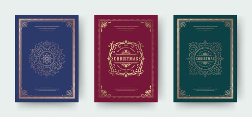 Christmas greeting cards vintage typographic design, ornate decorations symbols with holly berry, winter holidays wishes