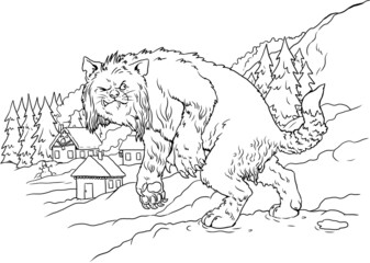 Mythological creature from Nordic folklore - Yule Cat. Happy New Year. Christmas template for coloring.	