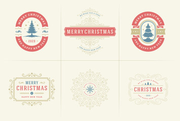 Christmas vector ornate labels and badges set with happy new year holidays wishes typography for greeting cards