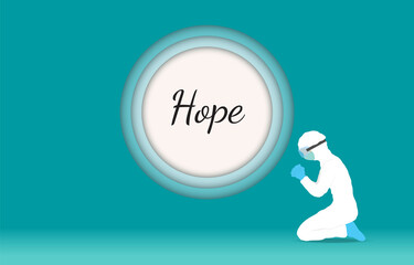 Man in personal protective equipment Kneel Down and Praying background