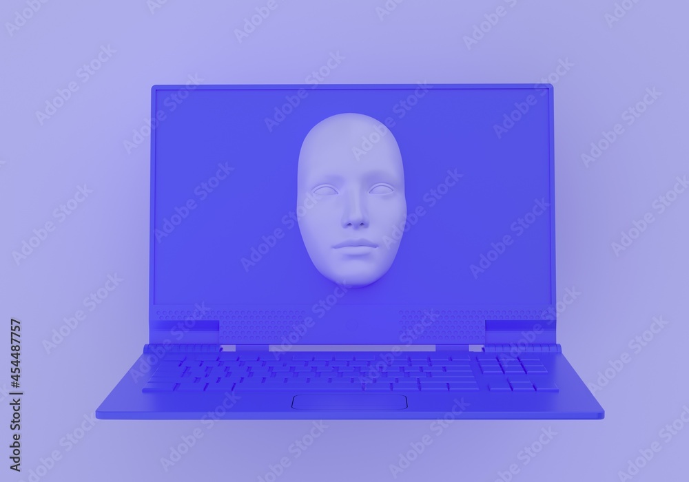Poster minimal surreal 3d illustration with a laptop and a face appearing from its screen. concept of cyber