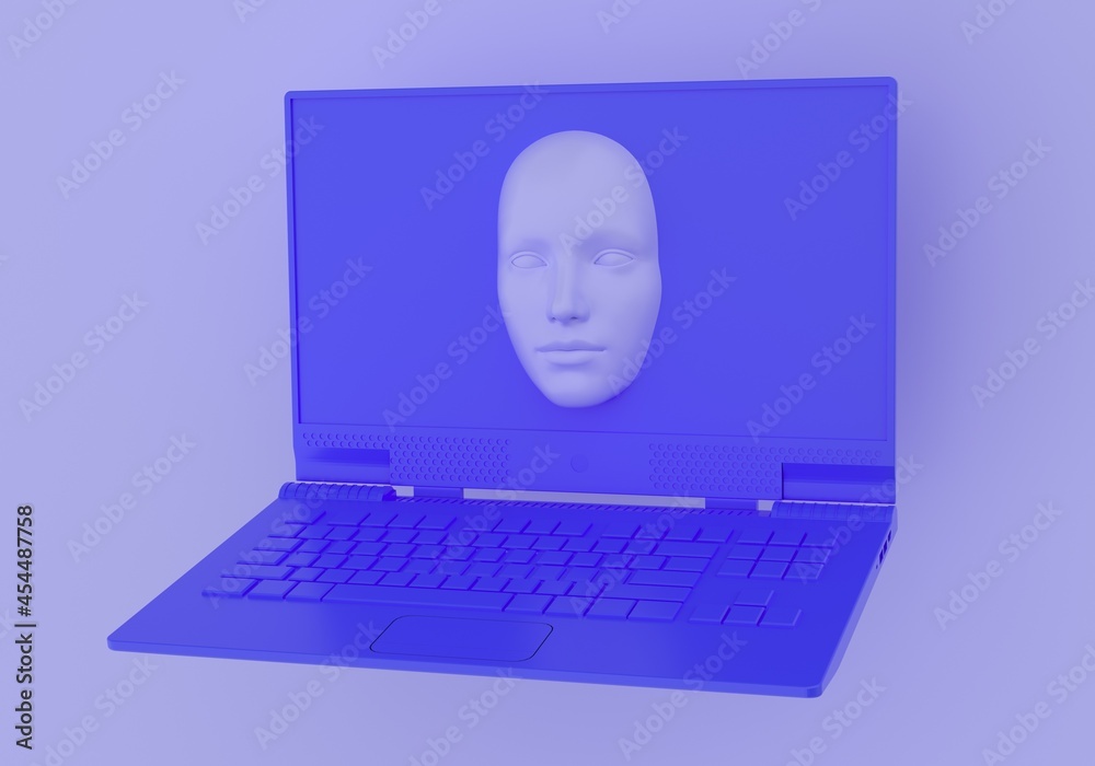 Poster minimal surreal 3d illustration with a laptop and a face appearing from its screen. concept of cyber