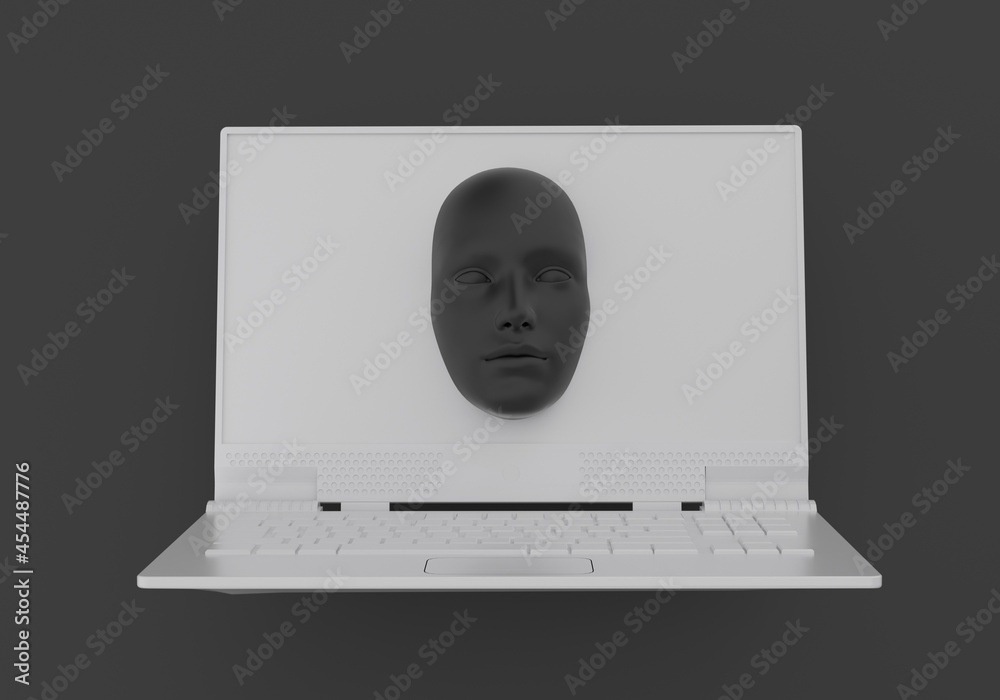 Poster minimal surreal 3d illustration with a laptop and a face appearing from its screen. concept of cyber