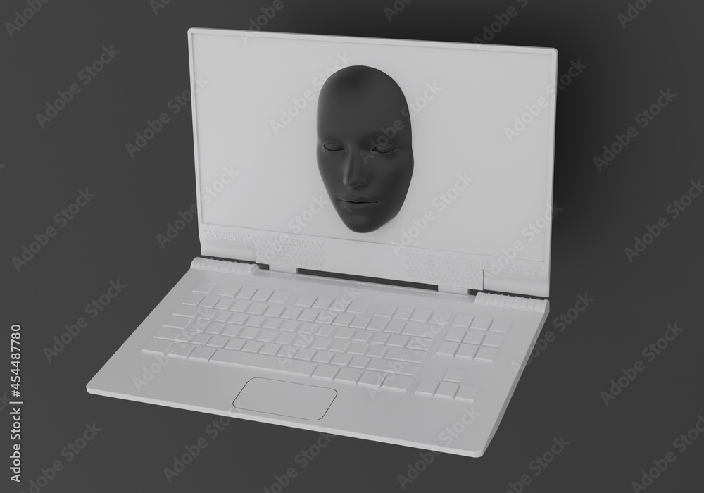 Fototapete minimal surreal 3d illustration with a laptop and a face appearing from its screen. concept of cyber