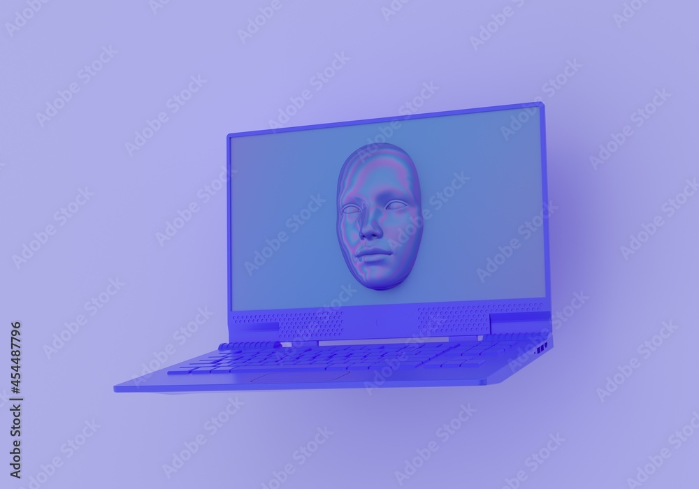 Aufkleber Minimal surreal 3D illustration with a laptop and a face appearing from its screen. Concept of cybersecurity and anonymization.