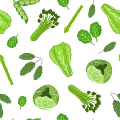 Green vegetables seamless pattern. Healthy vegetable background with cabbage, lettuce, spinach, etc. Organic food ingredient print in cartoon style. Vector illustration