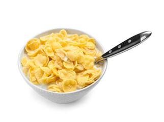 Bowl with tasty cornflakes and milk on white background