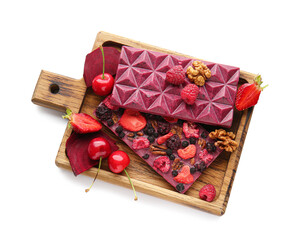 Handmade chocolate bars with fruits, berries and nuts on white background