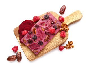 Handmade chocolate bar with fruits, berries and nuts on white background