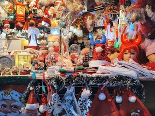 Christmas decorations on the market in the city during holiday trade. Slovakia