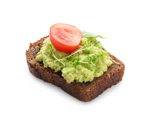 Tasty sandwich with guacamole and tomato on white background