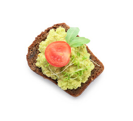 Tasty sandwich with guacamole and tomato on white background