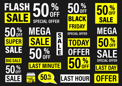 Set labels with inscription sale. Vector flat illustrations. Ad or promo. Shopping concept. Promotion price label mega sale, shop now, special discount, big sale, limited time only, last chance.