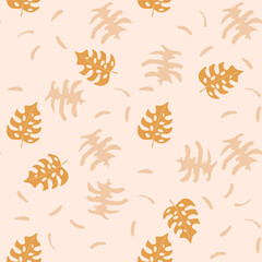 Vector hand-drawn seamless repeating color childish pattern with exotic leaves in Scandinavian style. Print with tiger elements. Jungle. Kids backgrounds