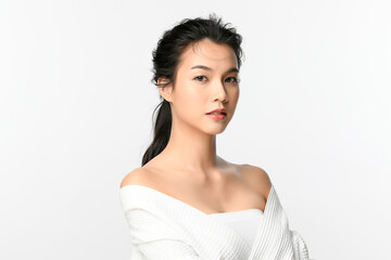 Beautiful young asian woman with clean fresh skin on white background, Face care, Facial treatment, Cosmetology, beauty and spa, Asian women portrait.