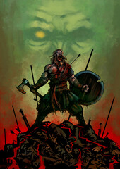 End of the battle. Berserker stands on a mountain of dead bodies in front of Odin's face. The Viking was the last survivor. The warrior is holding a shield and an ax, he is wounded. 2D illustration.